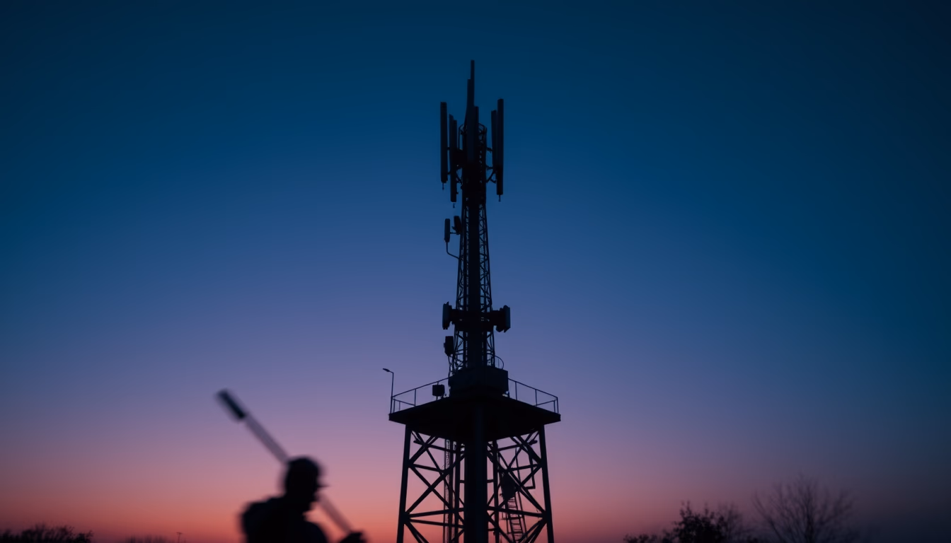 5G antenna tower silhouette against deep blue twilight sky in editorial style