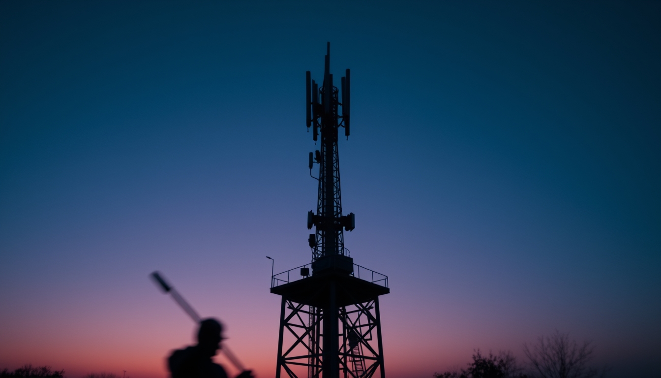 5G antenna tower silhouette against deep blue crepúsculo sky em estilo editorial