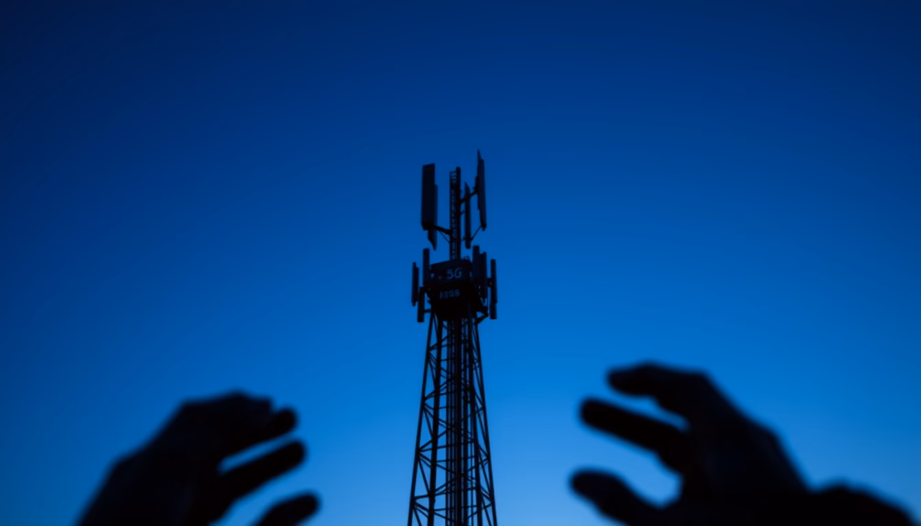 5G antenna tower silhouette against deep blue crepúsculo sky em estilo editorial