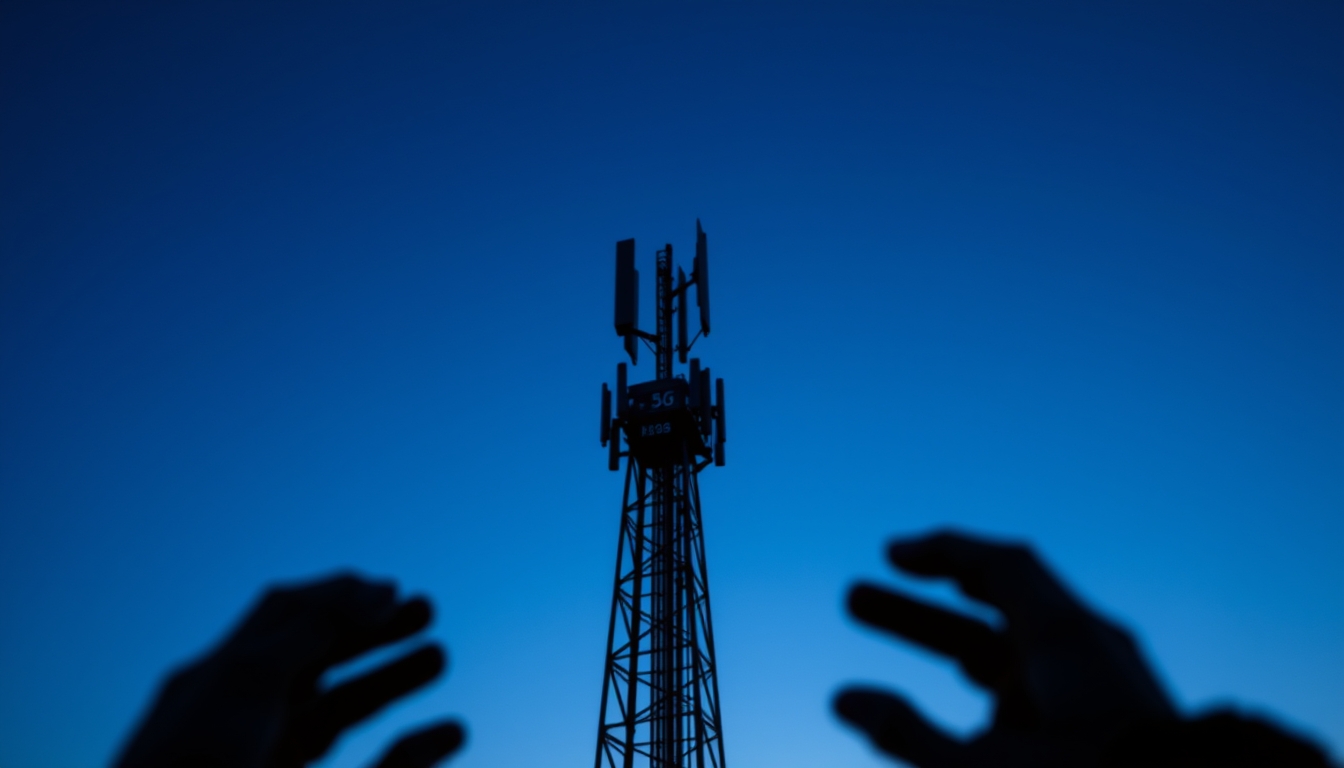 5G antenna tower silhouette against deep blue crepúsculo sky em estilo editorial