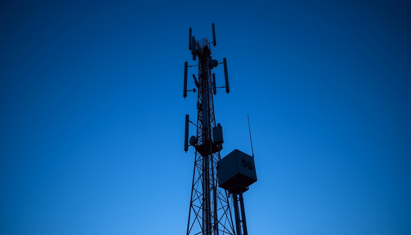5G antenna tower silhouette against deep blue crepúsculo sky em estilo editorial