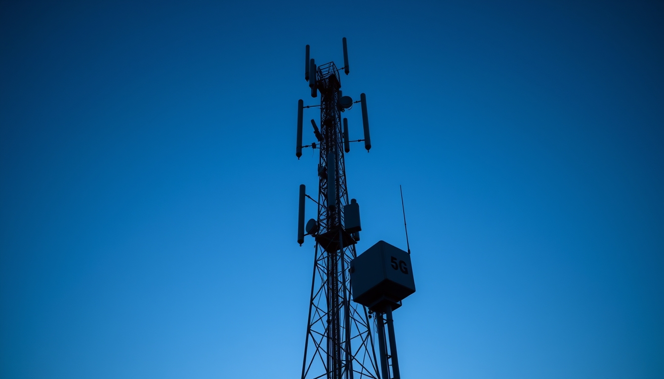 5G antenna tower silhouette against deep blue crepúsculo sky em estilo editorial