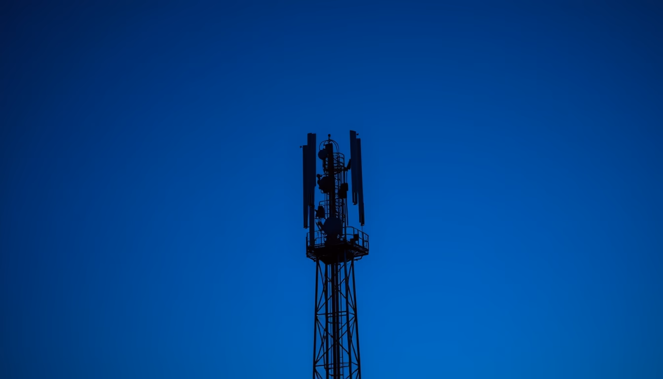 5G antenna tower silhouette against deep blue crepúsculo sky em estilo editorial