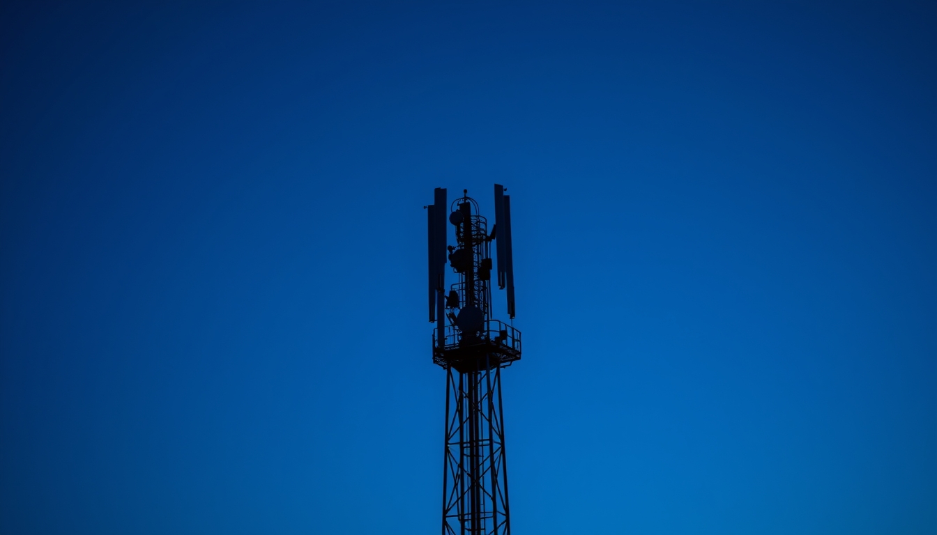 5G antenna tower silhouette against deep blue crepúsculo sky em estilo editorial