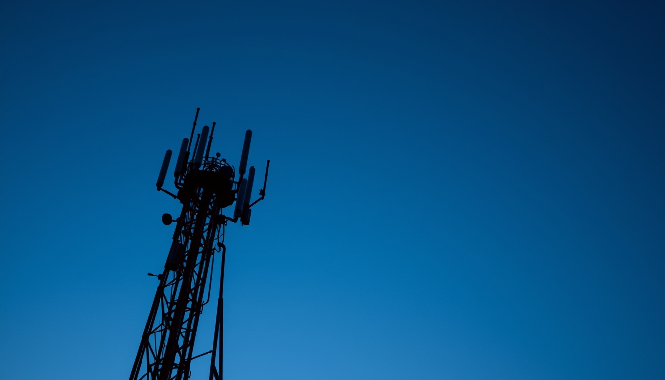5G antenna tower silhouette against deep blue crepúsculo sky em estilo editorial
