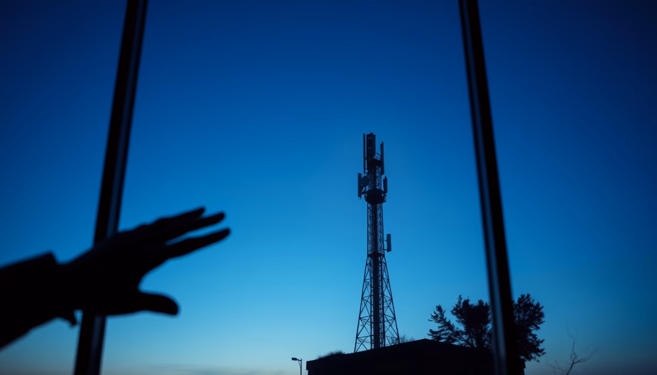 5G antenna tower silhouette against deep blue crepúsculo sky em estilo editorial