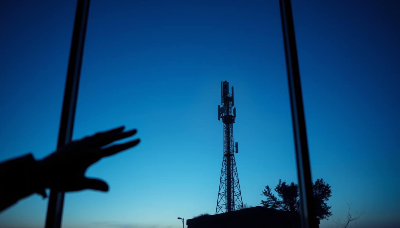 5G antenna tower silhouette against deep blue crepúsculo sky em estilo editorial