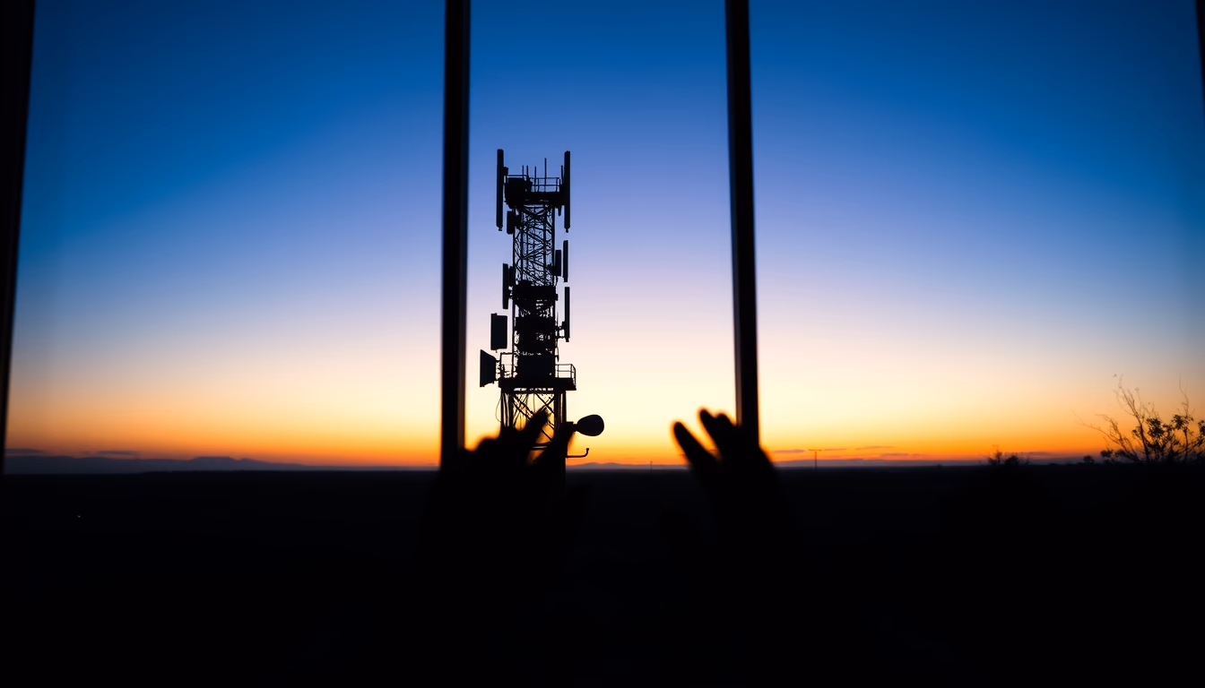 5G antenna tower silhouette against deep blue crepúsculo sky em estilo editorial