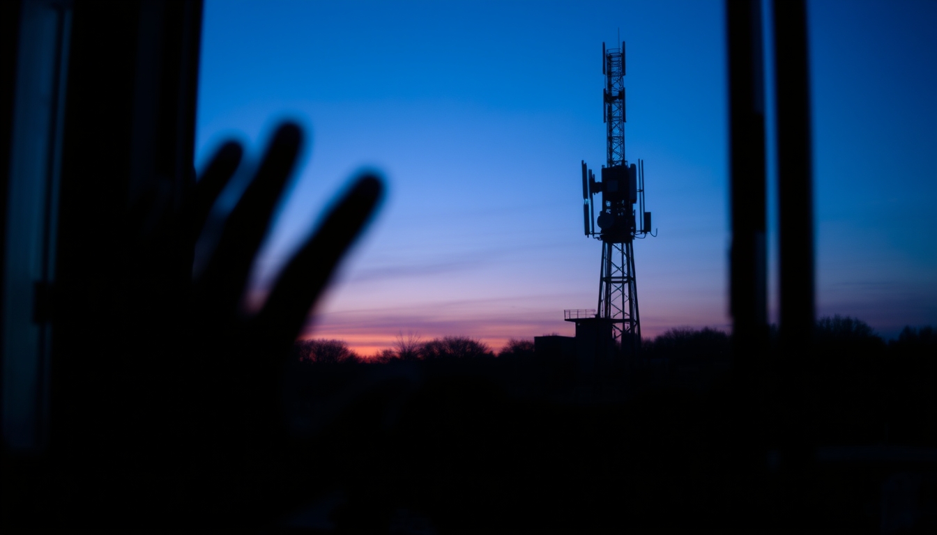 5G antenna tower silhouette against deep blue crepúsculo sky em estilo editorial