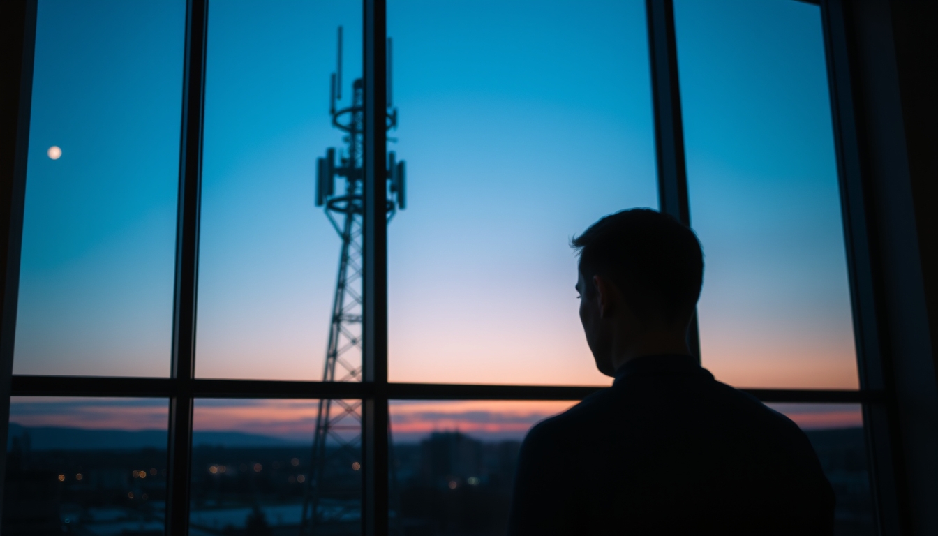 5G antenna tower silhouette against deep blue crepúsculo sky em estilo editorial
