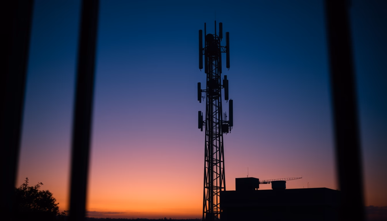 5G antenna tower silhouette against deep blue twilight sky in editorial style