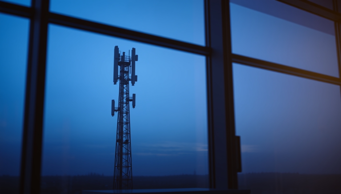 5G antenna tower silhouette against deep blue crepúsculo sky em estilo editorial