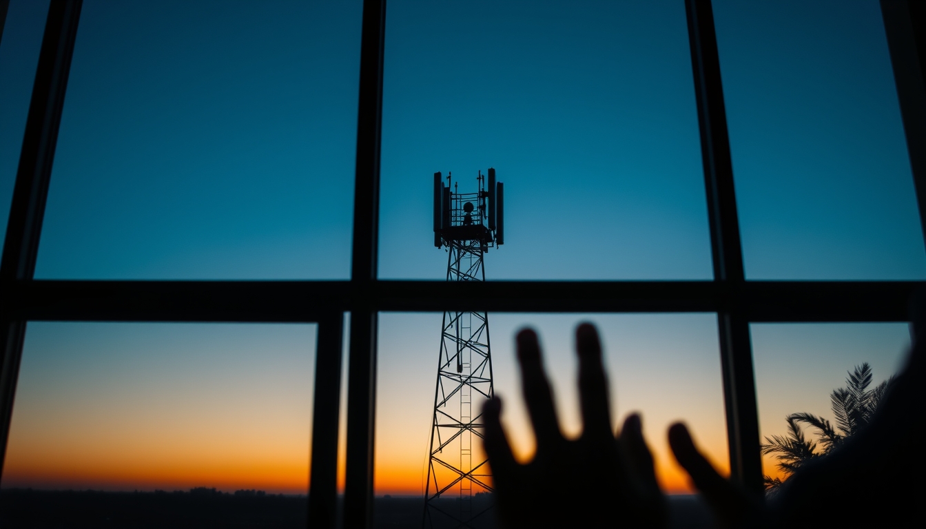 5G antenna tower silhouette against deep blue crepúsculo sky em estilo editorial