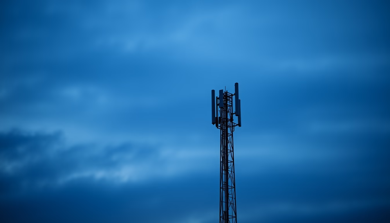 5G antenna tower silhouette against deep blue twilight sky in editorial style