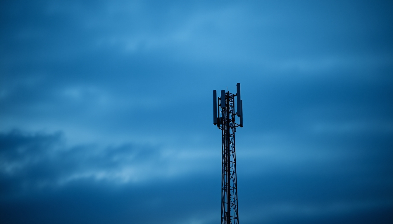 5G antenna tower silhouette against deep blue crepúsculo sky em estilo editorial