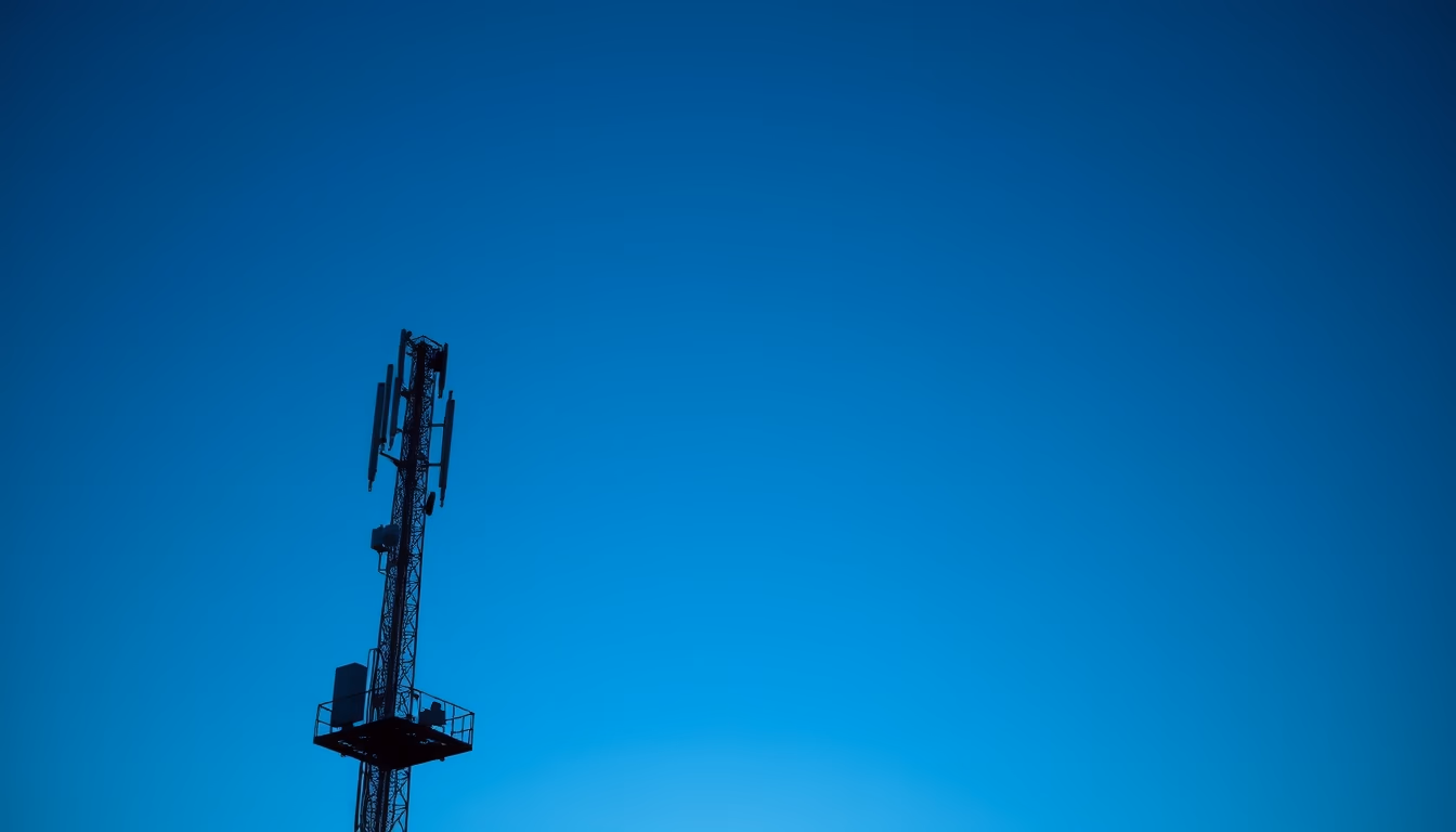 5G antenna tower silhouette against deep blue twilight sky in editorial style
