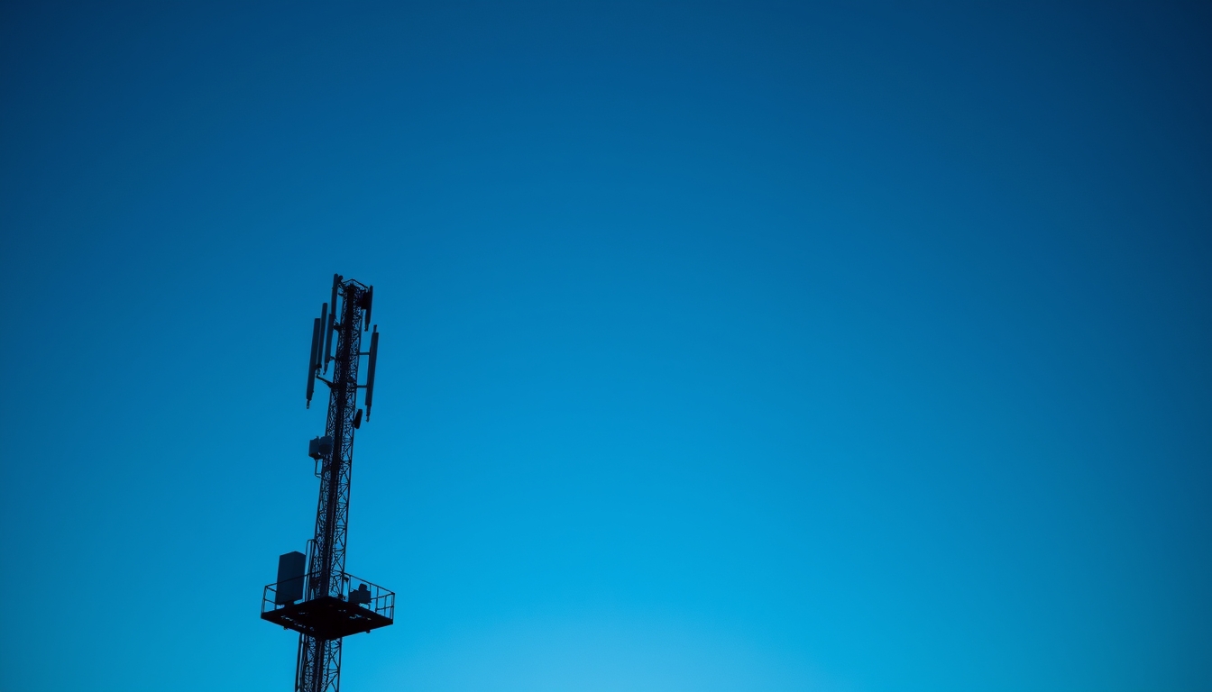 5G antenna tower silhouette against deep blue crepúsculo sky em estilo editorial