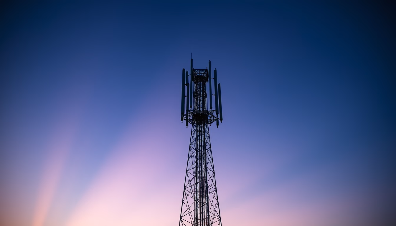 5G antenna tower silhouette against deep blue crepúsculo sky em estilo editorial