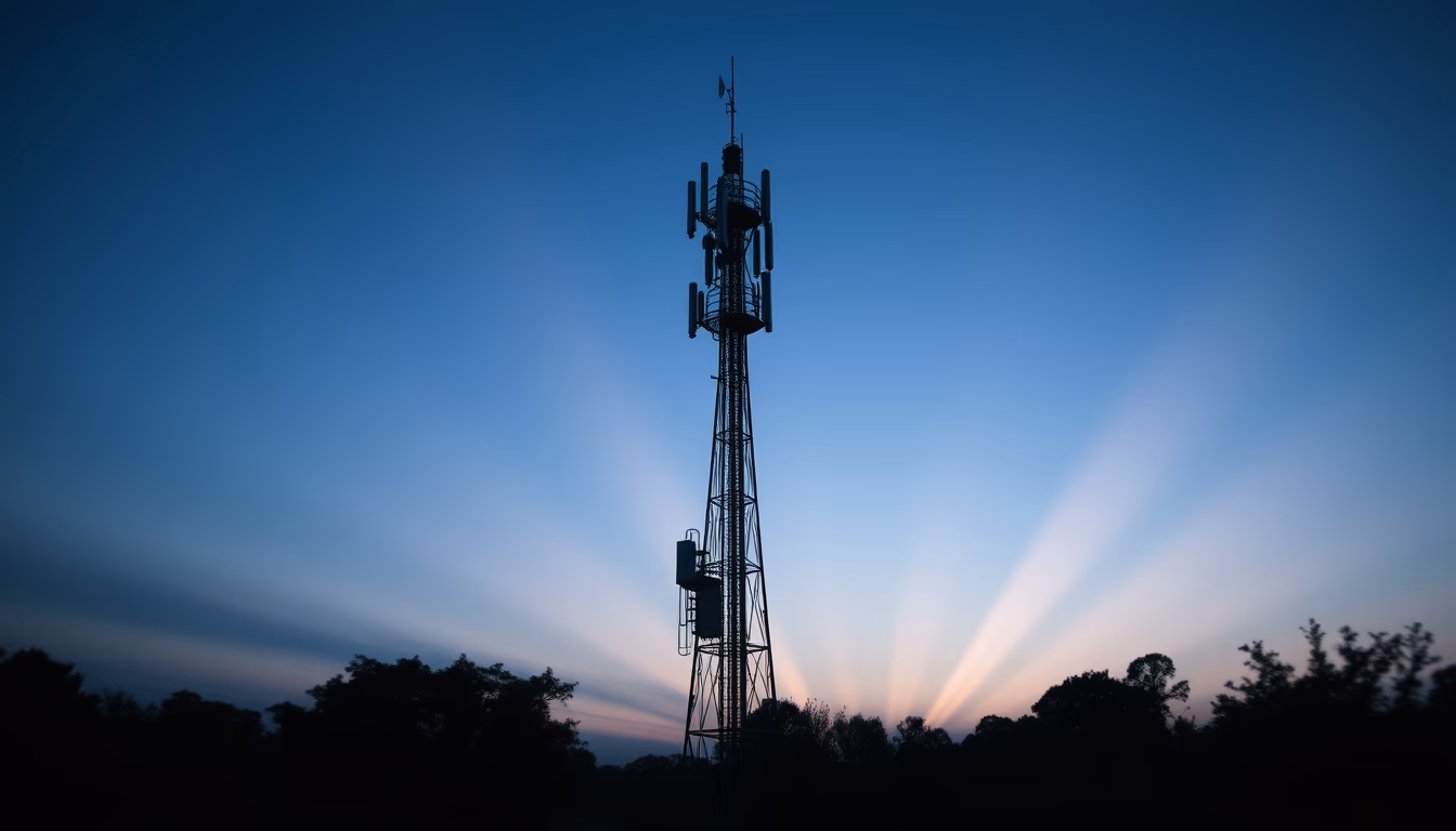 5G antenna tower silhouette against deep blue twilight sky in editorial style