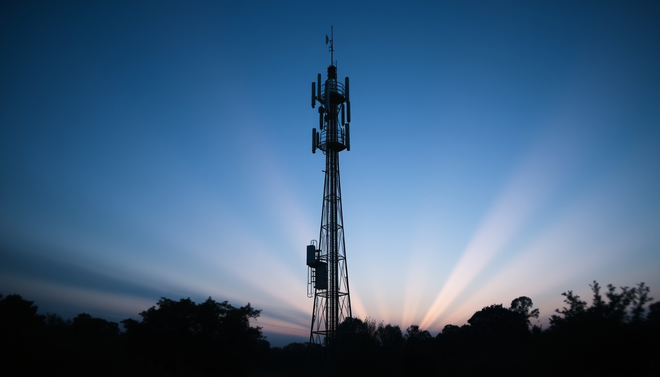 5G antenna tower silhouette against deep blue crepúsculo sky em estilo editorial