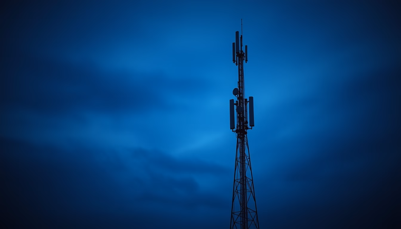 5G antenna tower silhouette against deep blue twilight sky in editorial style
