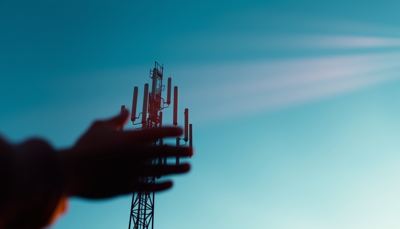 5G antenna tower silhouette against deep blue crepúsculo sky em estilo editorial