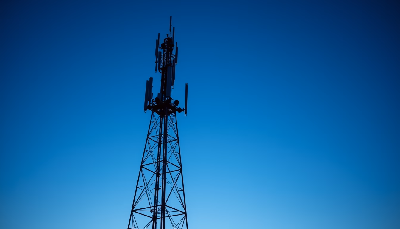 5G antenna tower silhouette against deep blue twilight sky in editorial style