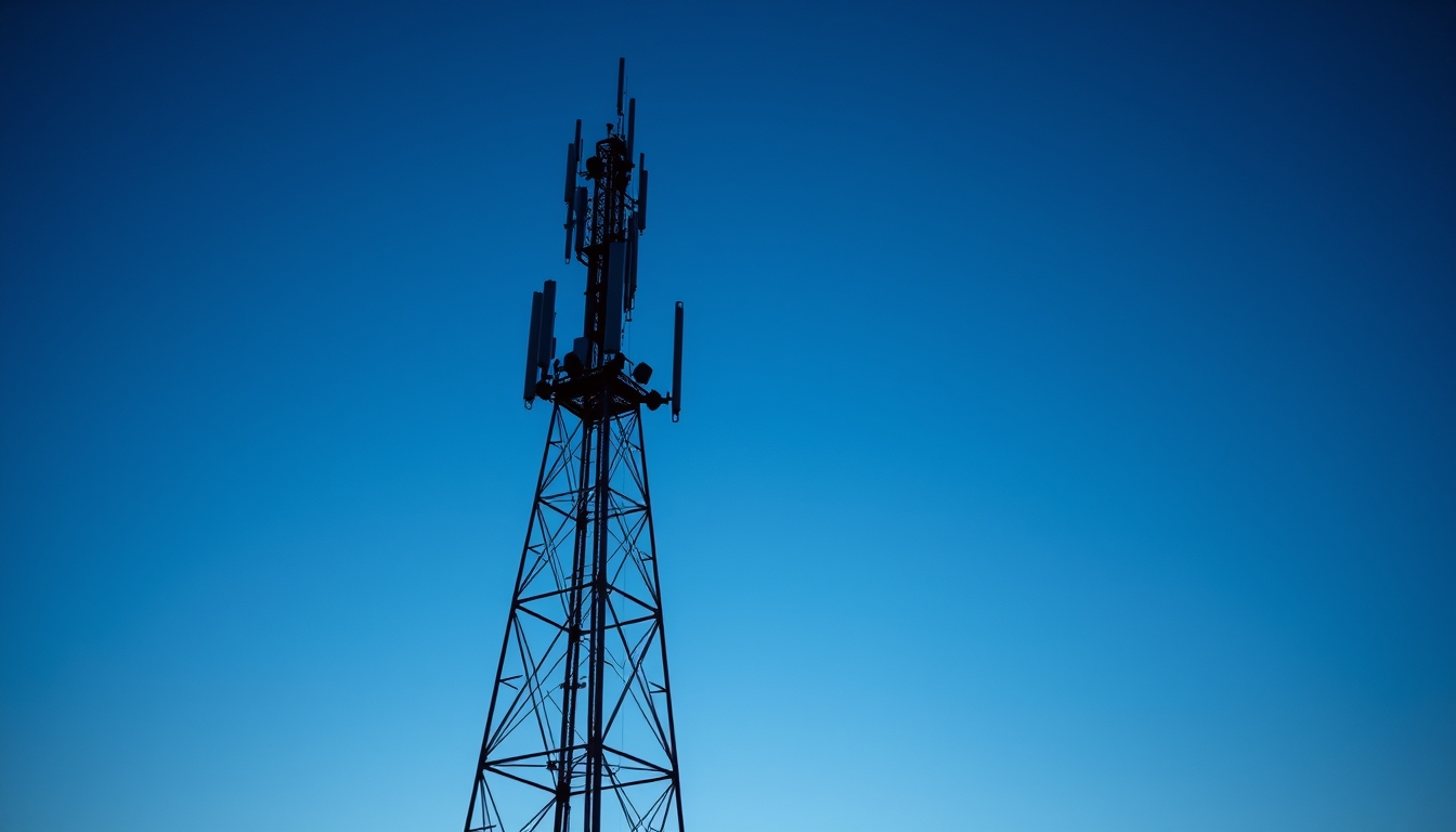 5G antenna tower silhouette against deep blue crepúsculo sky em estilo editorial
