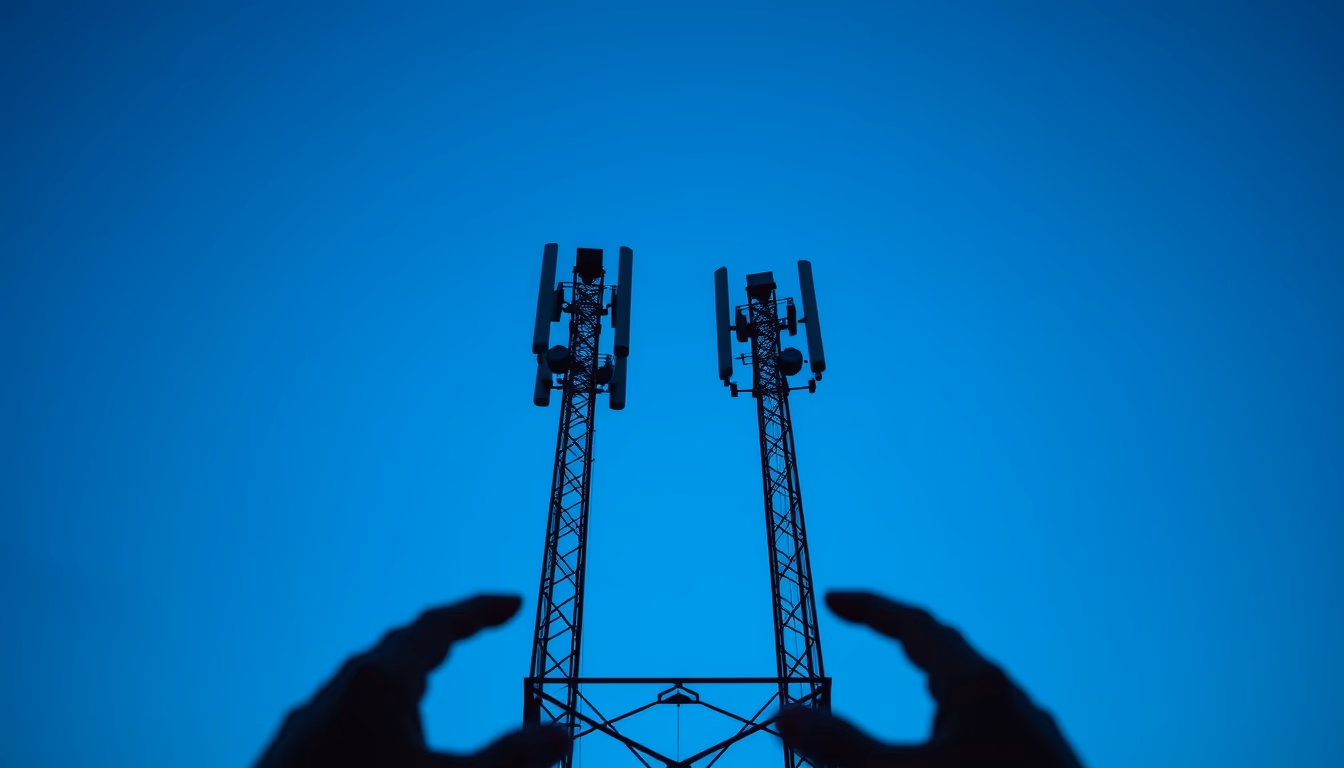 5G antenna tower silhouette against deep blue twilight sky in editorial style