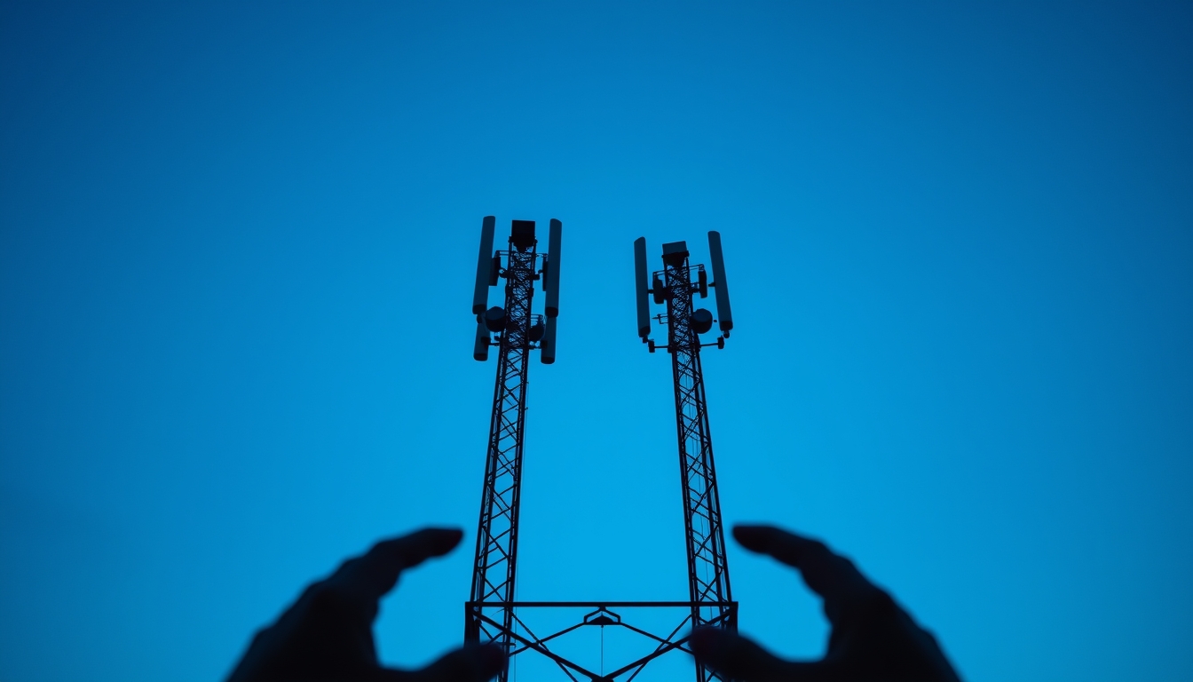 5G antenna tower silhouette against deep blue crepúsculo sky em estilo editorial