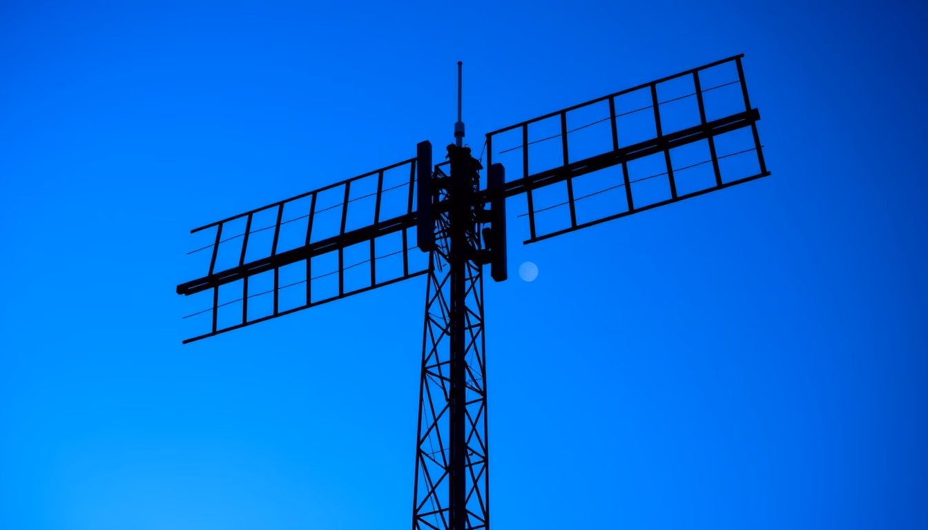 5G antenna tower silhouette against deep blue twilight sky in editorial style