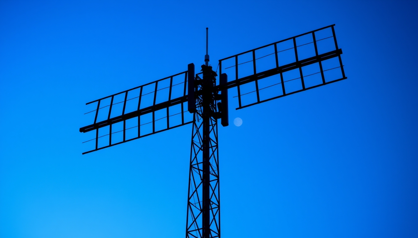 5G antenna tower silhouette against deep blue crepúsculo sky em estilo editorial