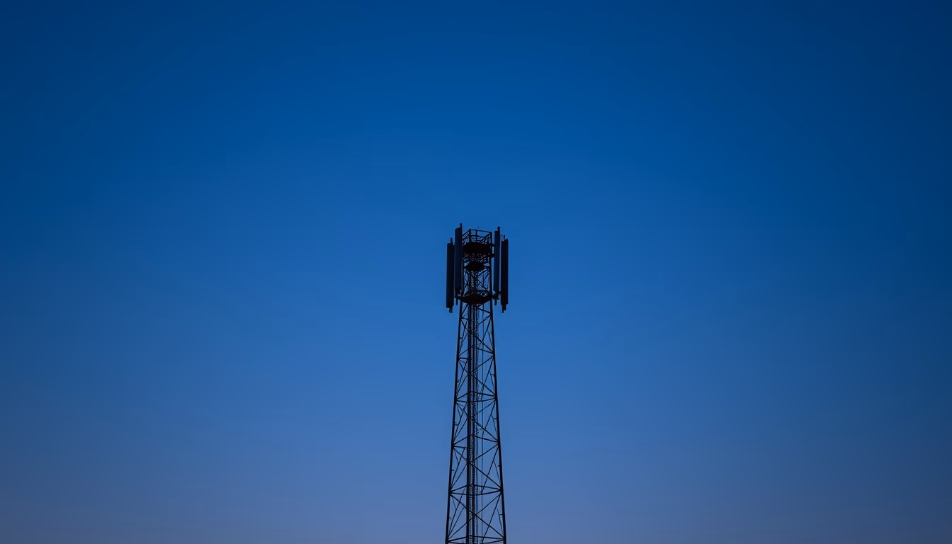 5G antenna tower silhouette against deep blue twilight sky in editorial style