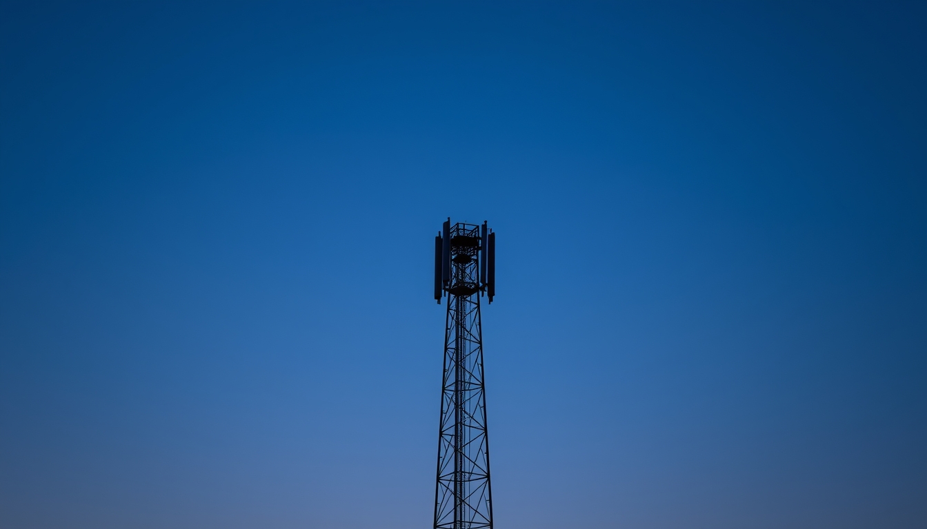 5G antenna tower silhouette against deep blue crepúsculo sky em estilo editorial