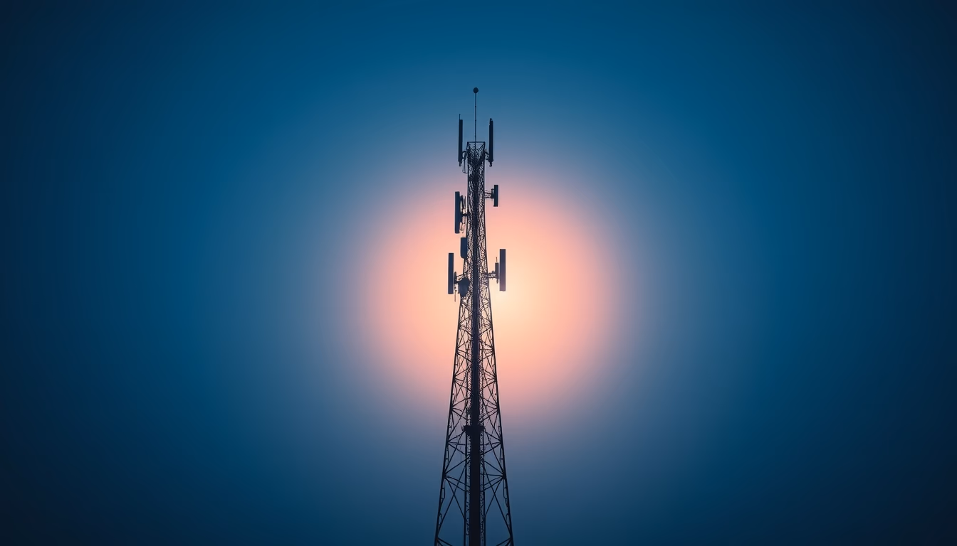5G antenna tower silhouette against deep blue twilight sky in editorial style