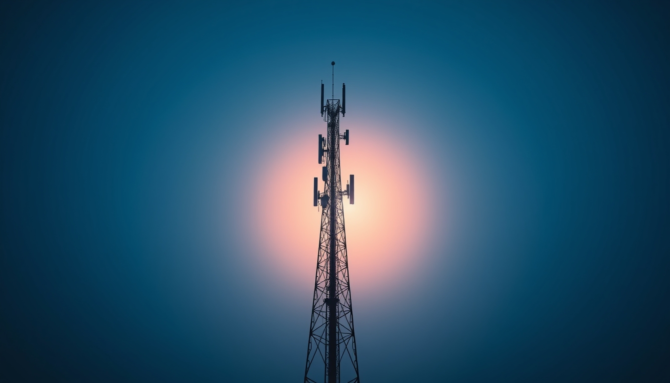 5G antenna tower silhouette against deep blue crepúsculo sky em estilo editorial