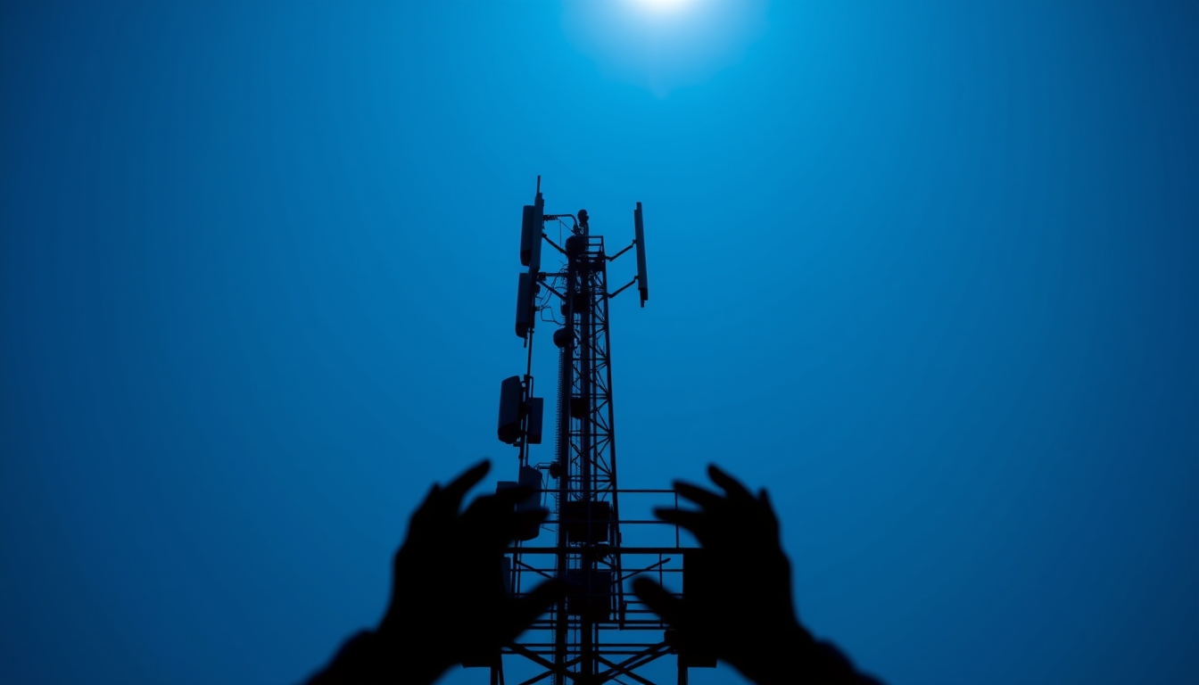 5G antenna tower silhouette against deep blue crepúsculo sky em estilo editorial