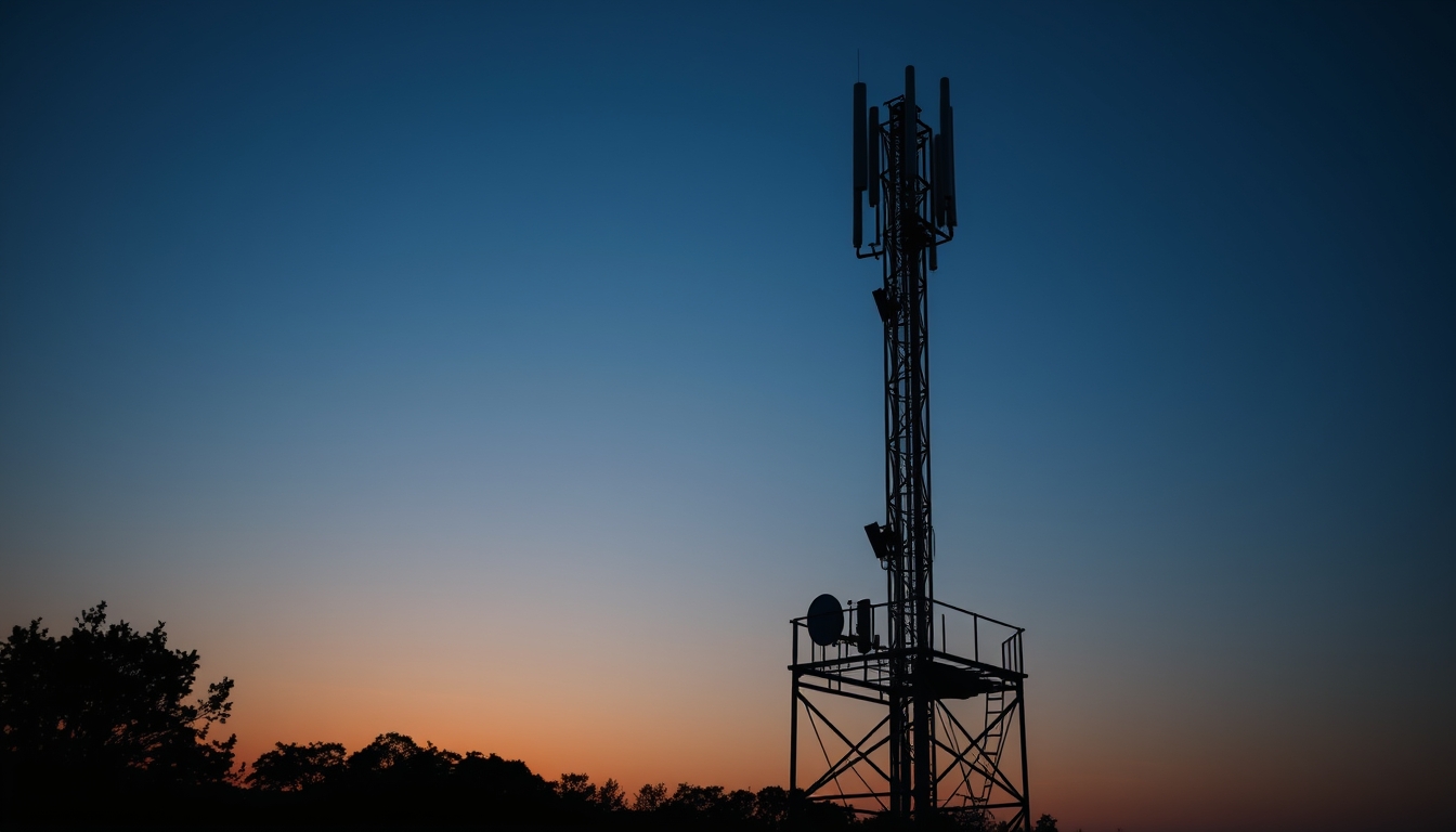 5G antenna tower silhouette against deep blue crepúsculo sky em estilo editorial