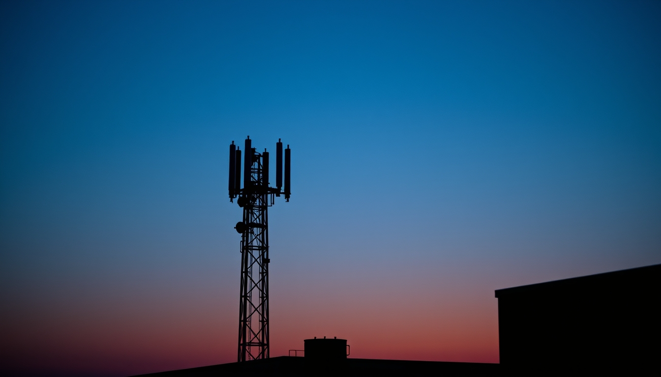 5G antenna tower silhouette against deep blue crepúsculo sky em estilo editorial