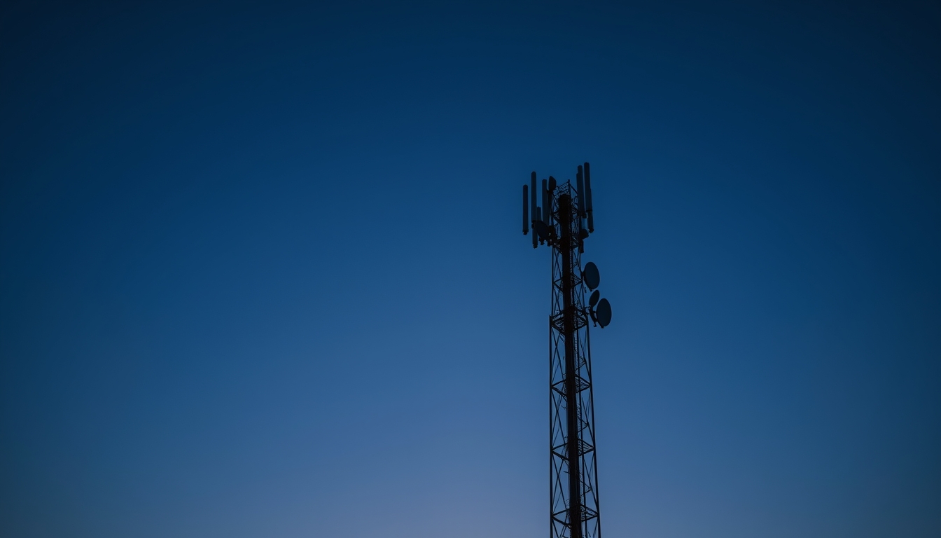5G antenna tower silhouette against deep blue crepúsculo sky em estilo editorial