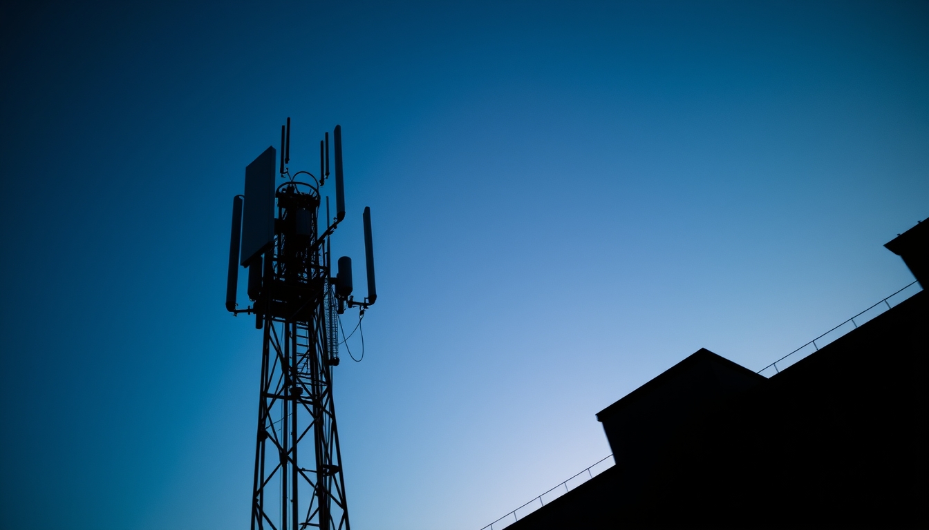 5G antenna tower silhouette against deep blue crepúsculo sky em estilo editorial