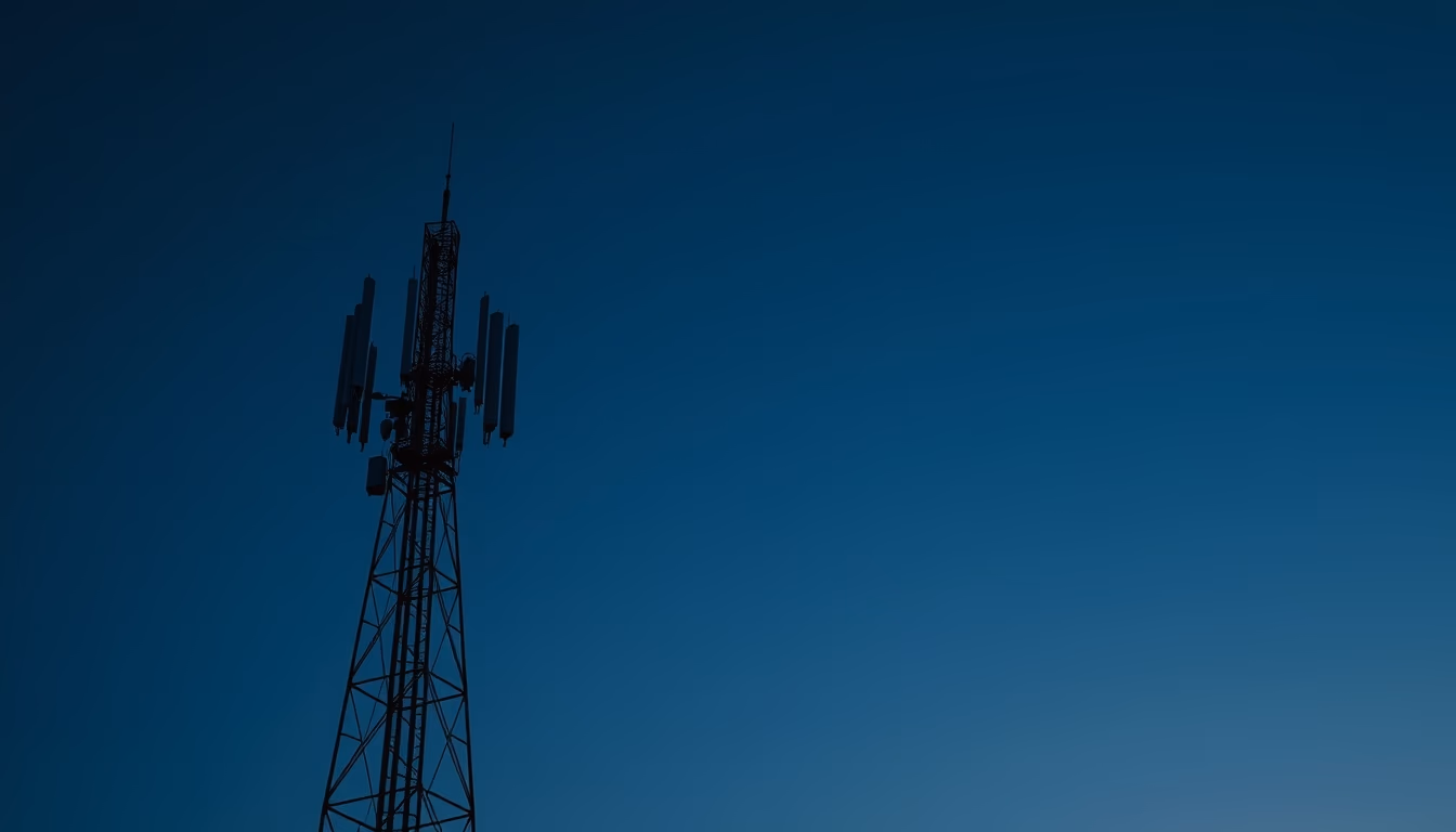 5G antenna tower silhouette against deep blue crepúsculo sky em estilo editorial