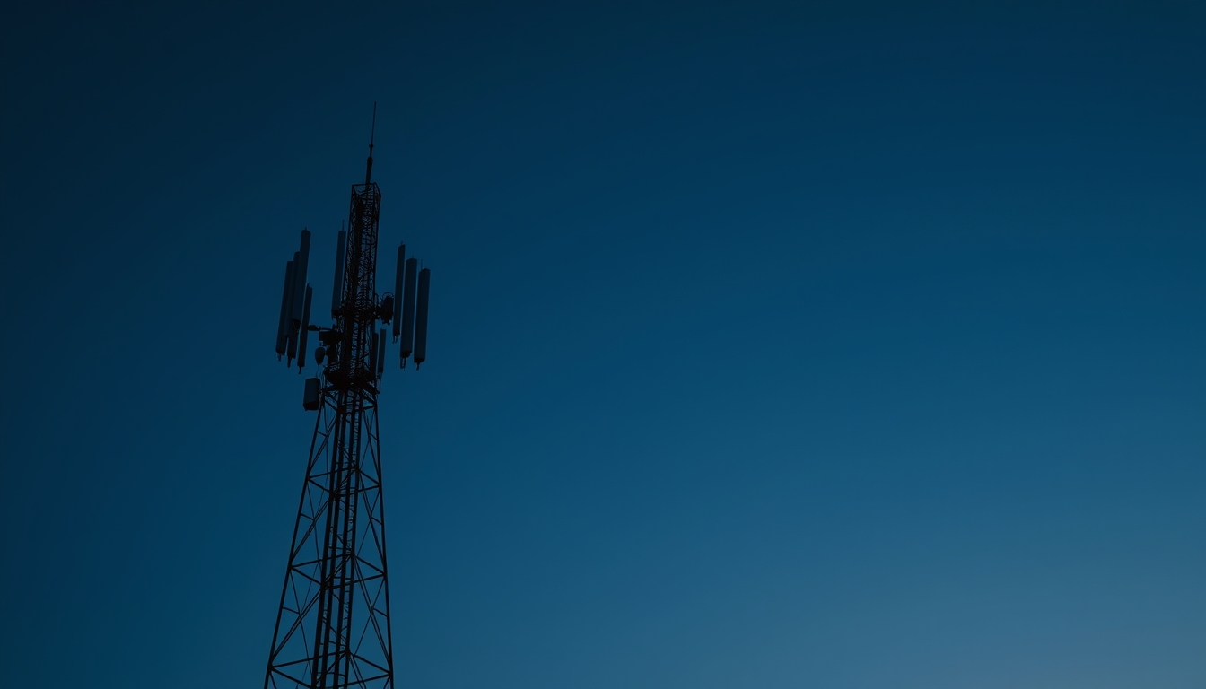 5G antenna tower silhouette against deep blue crepúsculo sky em estilo editorial