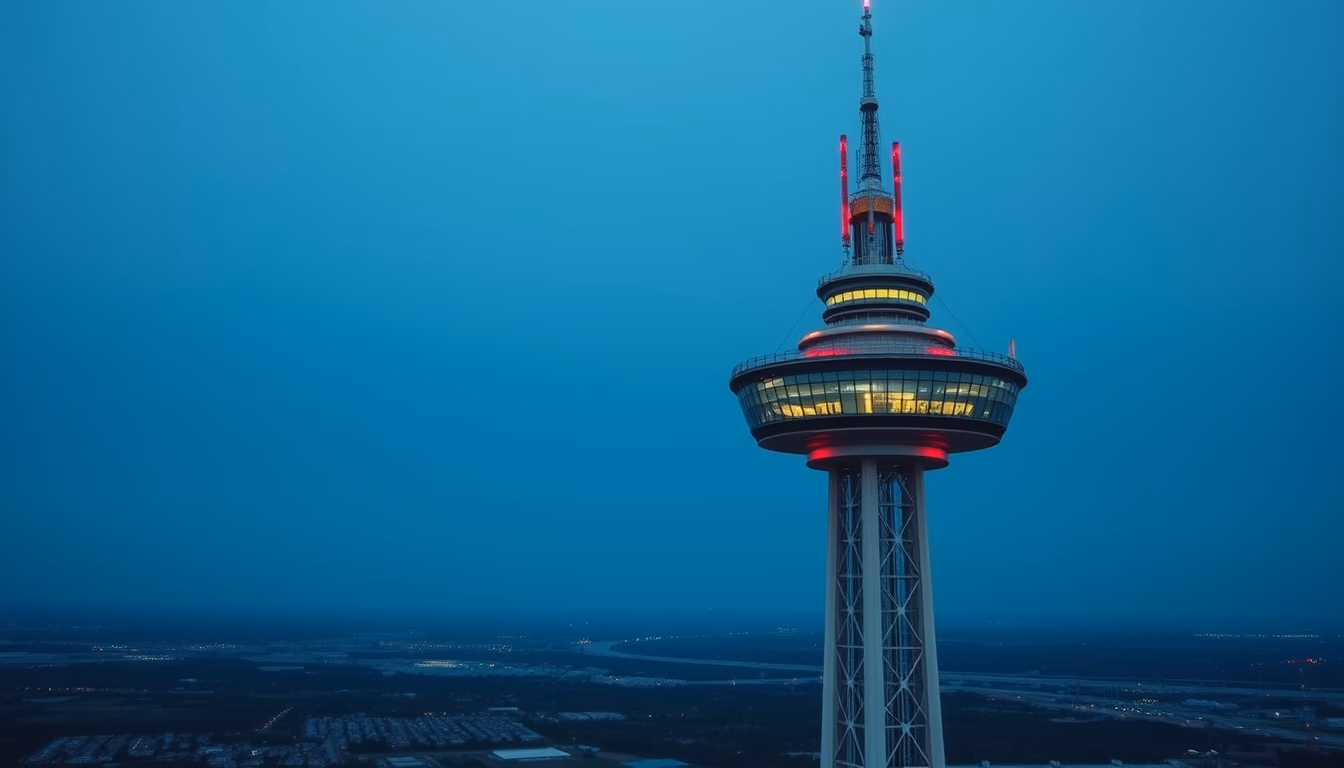 5G tower against blue sky in editorial style