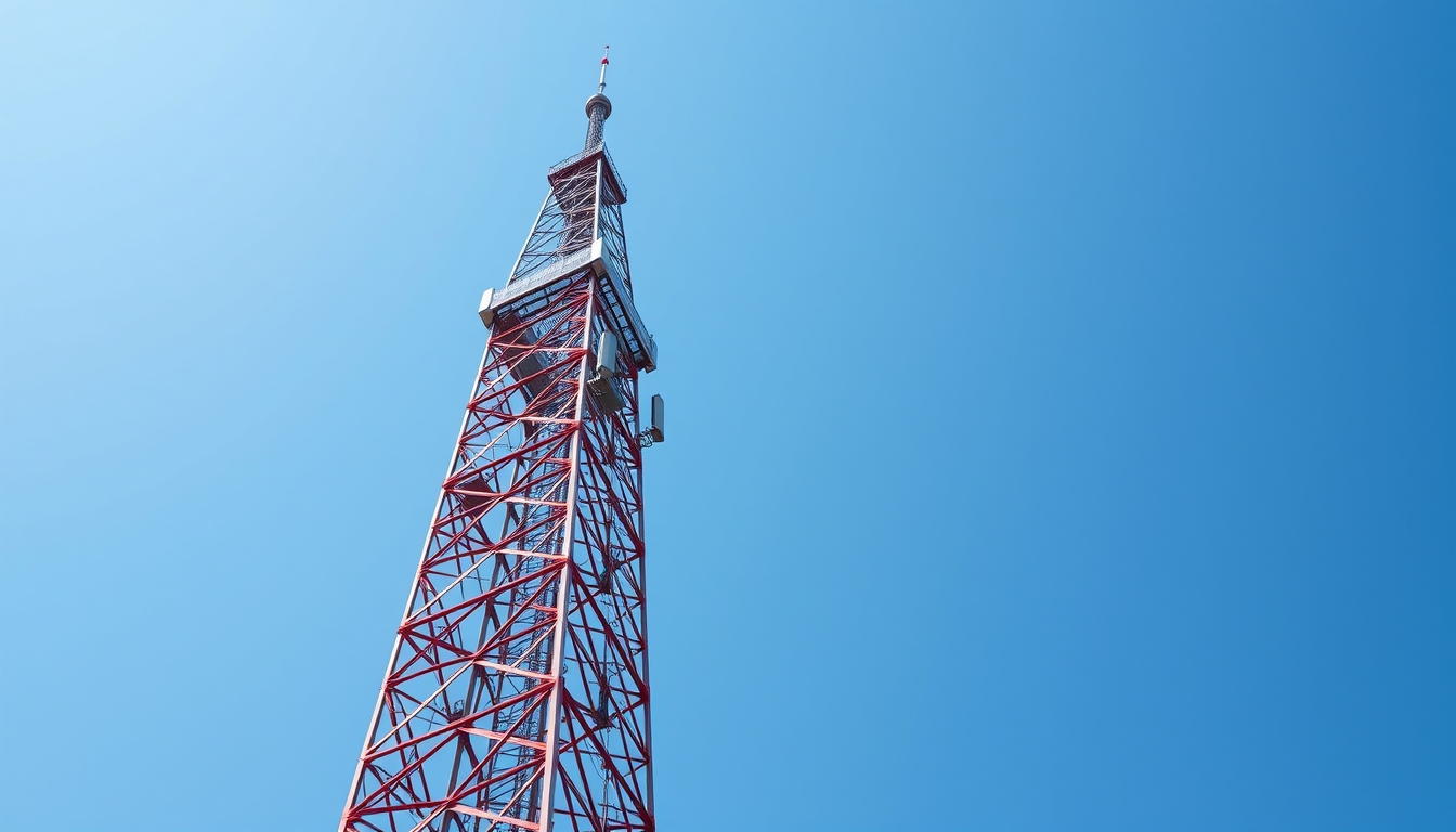 5G tower against blue sky em estilo editorial