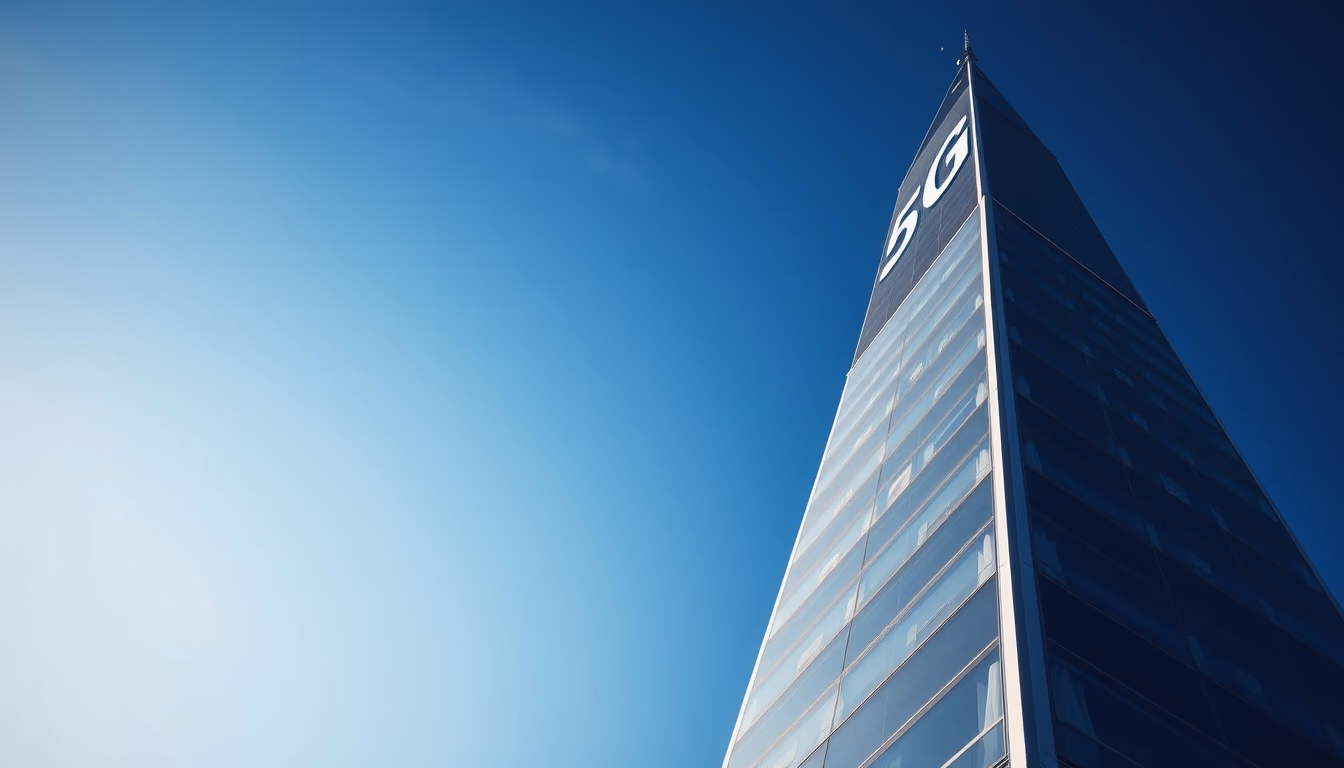 5G tower against blue sky em estilo editorial