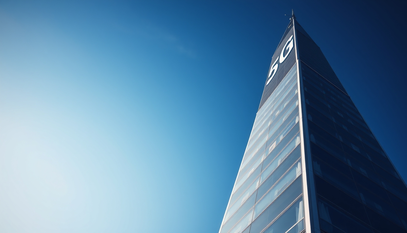 5G tower against blue sky in editorial style