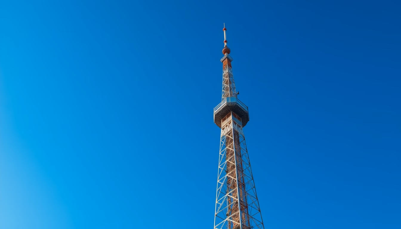 5G tower against blue sky em estilo editorial