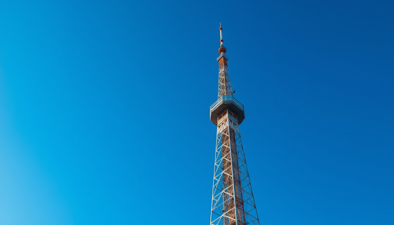 5G tower against blue sky in editorial style