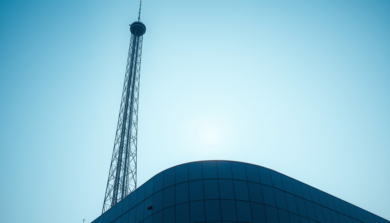 5G tower against blue sky in editorial style